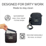 Black bag with text about its waterproof and machine washable properties on a white background.