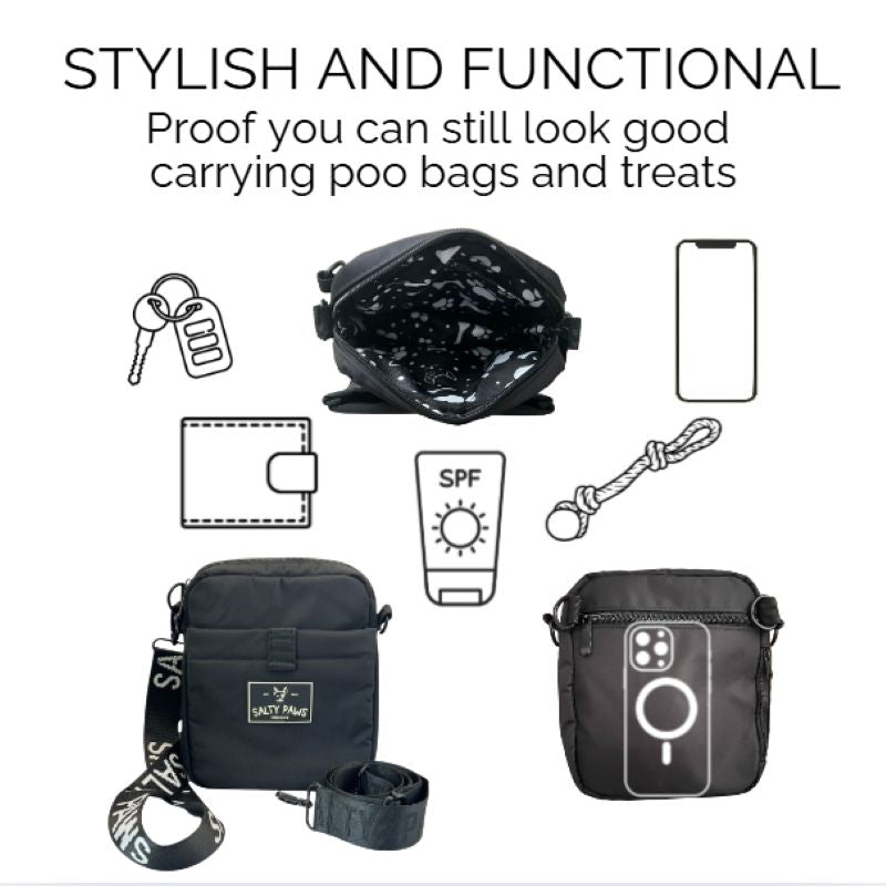 Black treat bag with various items and text on a white background