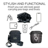 Black treat bag with various items and text on a white background