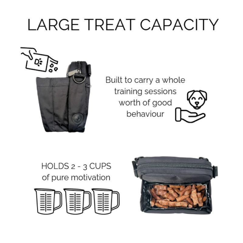 Dog training treat pouch with text highlighting large capacity and holding 2-3 cups of treats.