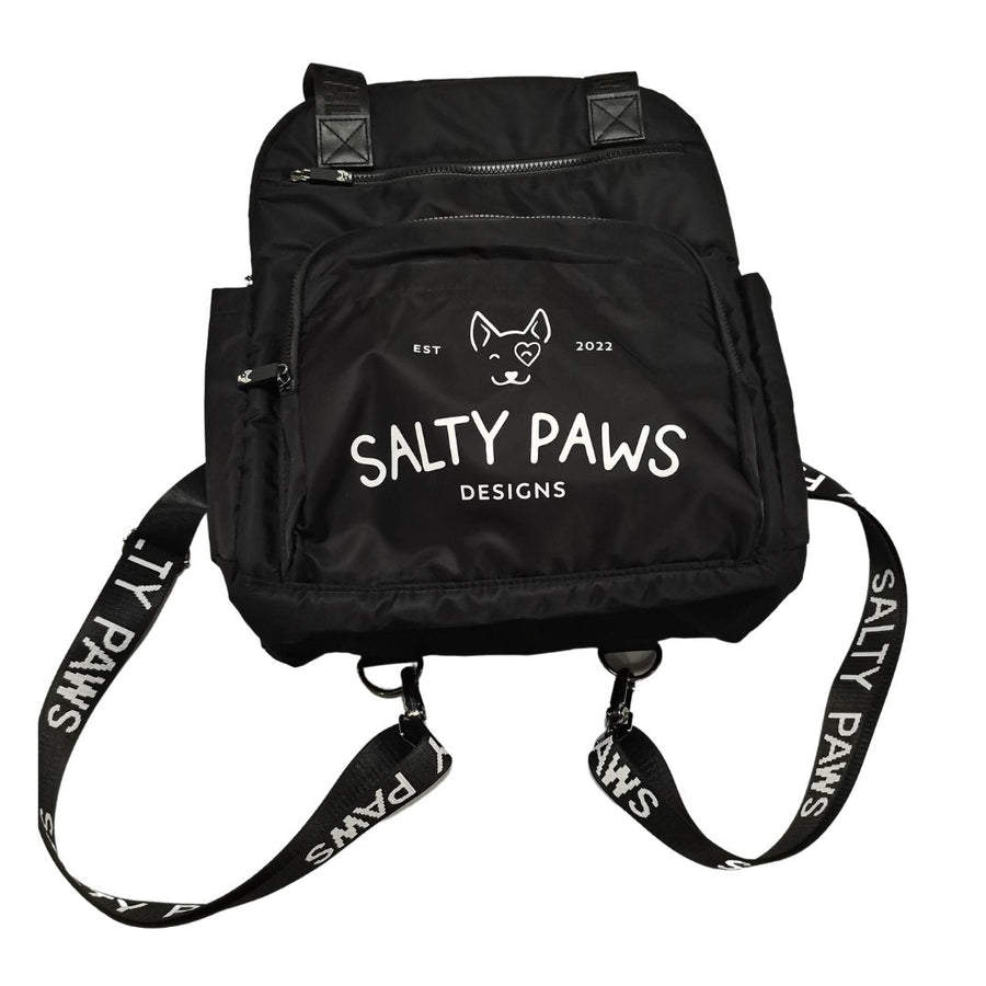 Nappy bag for dogs, multiple interior and exterior compartment and pockets, custom lining, custom webbing, custom zip ends, dedicated poop bag pocket, key hook