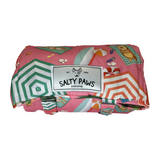Folded colorful blanket with 'Salty Paws' label on a white background