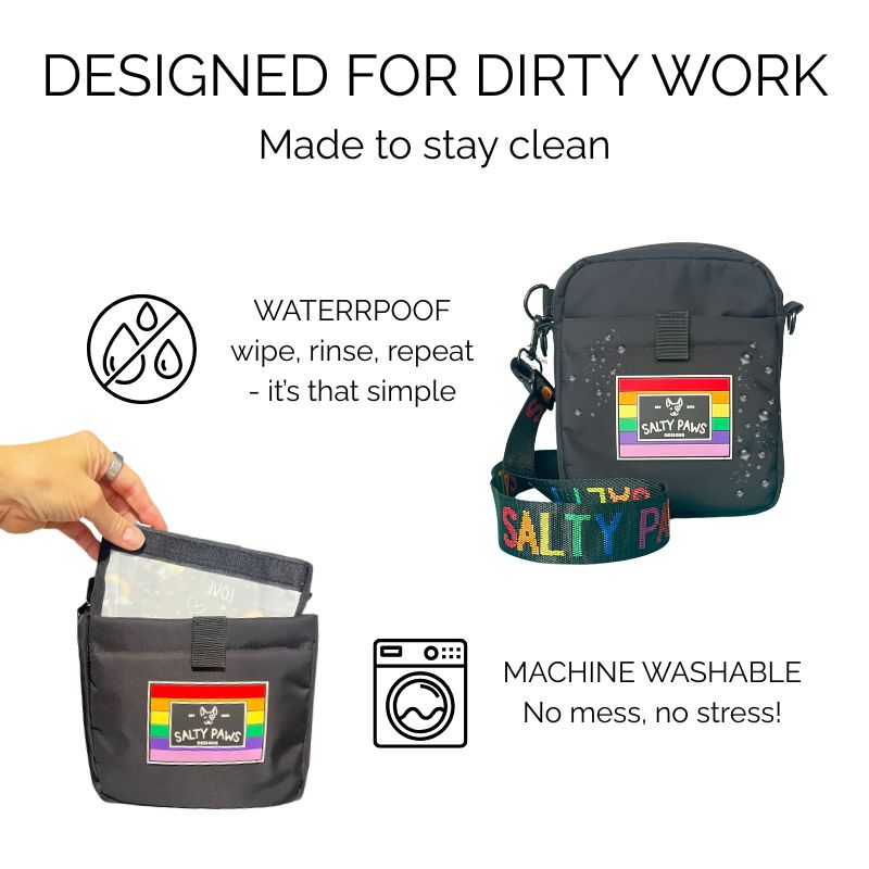 Salty Paws Pride dog training pouch highlighting waterproof and machine washable features