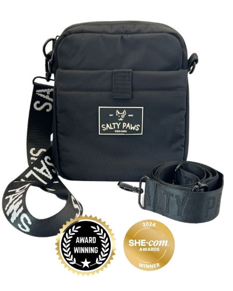 Australia's best dog treat pouch, black, magnetic closure, waterproof, with Salty Paws strap