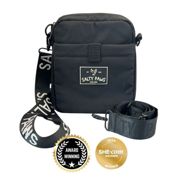 Australia's best dog treat pouch, black, magnetic closure, waterproof, with Salty Paws strap