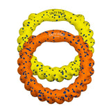 Two ETPU dog toy rings in bright yellow and orange, both speckled with small blue flecks. Both have the brand name 'SALTY PAWS' printed on it.