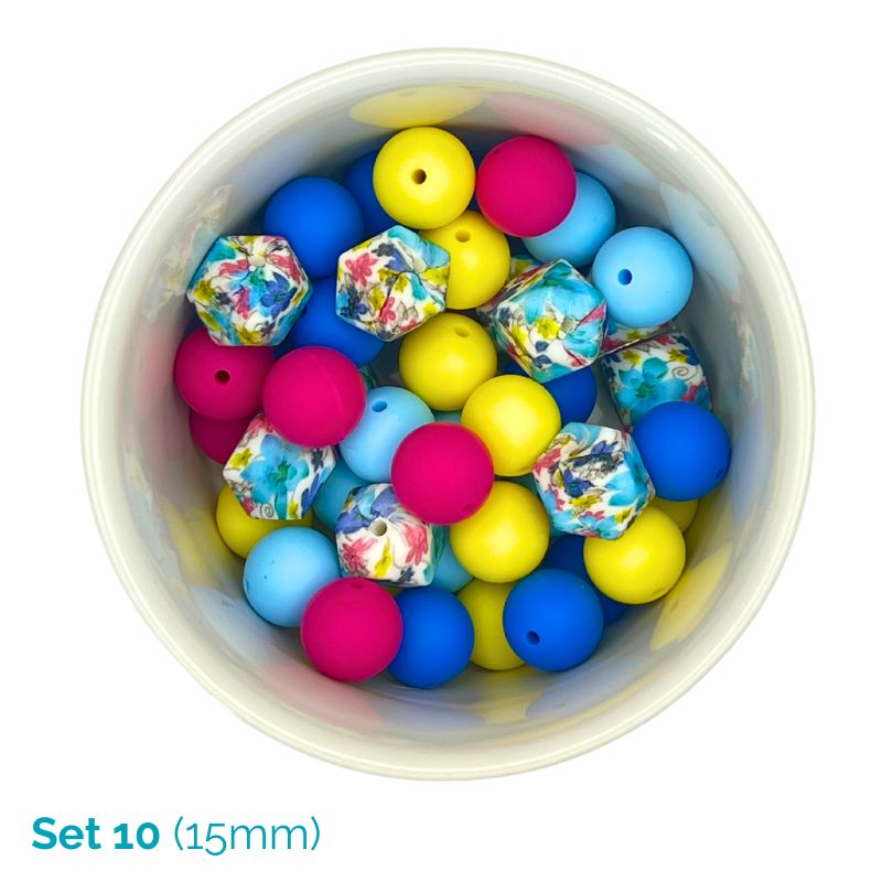Colorful beads in a white container with 'Set 10 (15mm)' text.