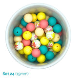 Assorted colorful round beads in a white container with 'Set 24 (15mm)' text.