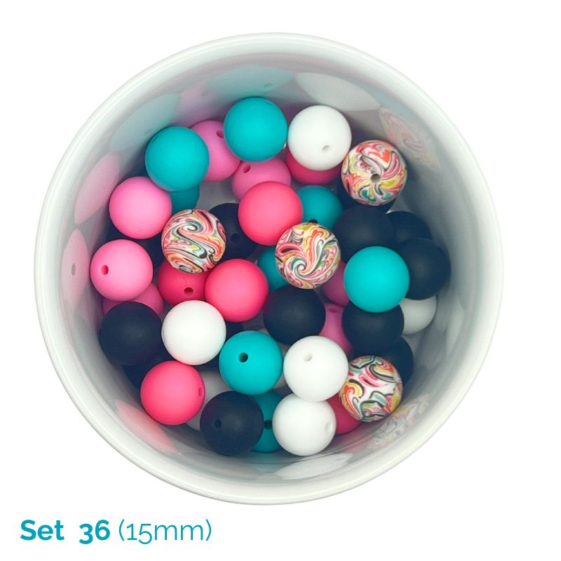 Assorted colorful beads in a white container with 'Set 36 (15mm)' text.