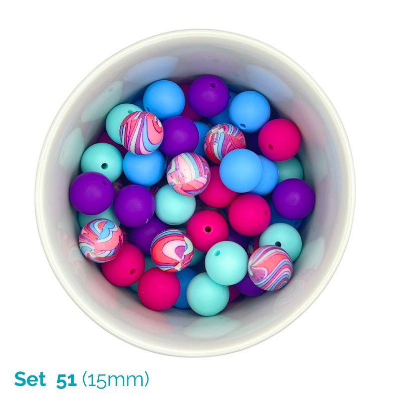 Colorful round beads in a white bowl with 'Set 51 (15mm)' text.