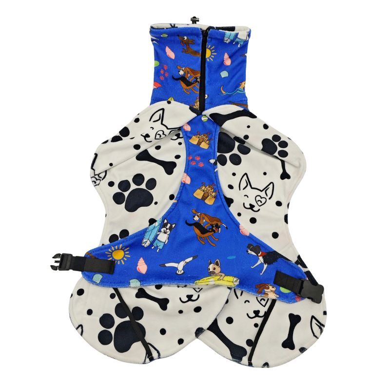Dog drying coat towel robe in blue, flat lay inside view showing surf dogs print outer, paw print and dog bone absorbent inner lining, adjustable belly strap and zip neck closure