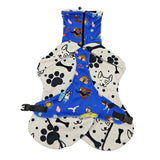 Dog drying coat towel robe in blue, flat lay inside view showing surf dogs print outer, paw print and dog bone absorbent inner lining, adjustable belly strap and zip neck closure