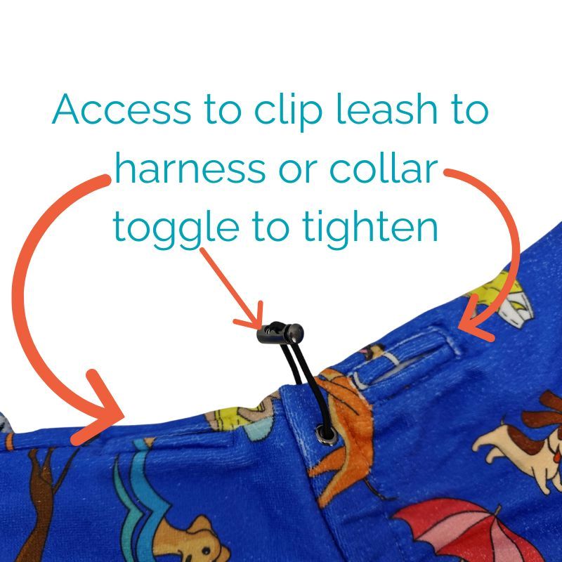 Dog drying coat towel robe in blue showing leash access opening to clip to harness or collar and toggle to tighten, bottom view