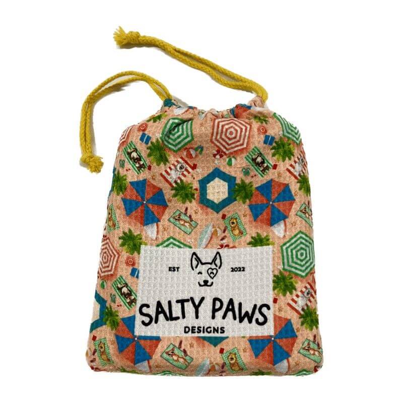 Salty Paws Designs Life's a Beach fur-free quick-dry compact dog towel in peach packed into its matching drawstring carry bag