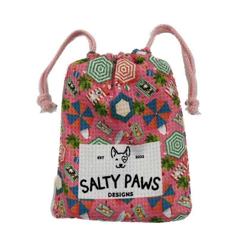 Salty Paws Designs Life's a Beach sand-free quick-dry dog towel in pink packed into its matching drawstring carry bag
