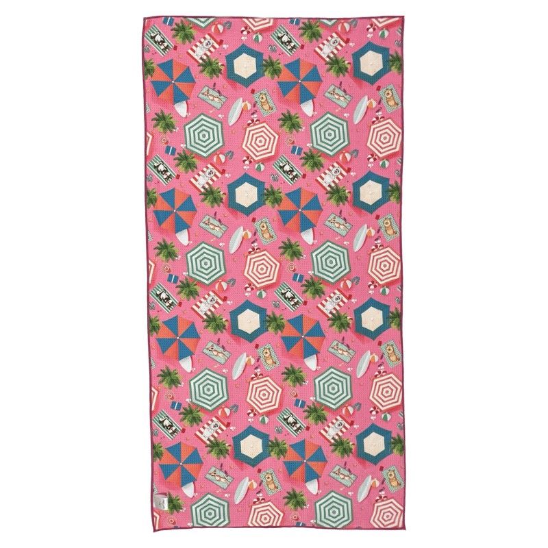 sand free, quick dry dog towel in life's a beach design in pink - front view