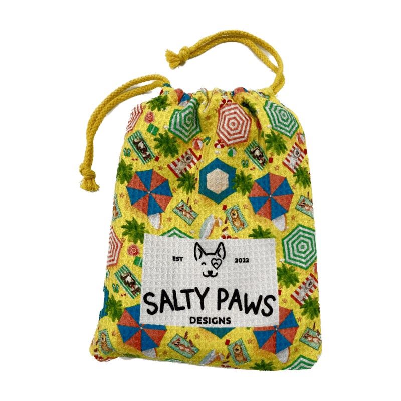 Salty Paws Designs Life's a Beach sand-free quick-dry dog towel in yellow packed into its matching drawstring carry bag