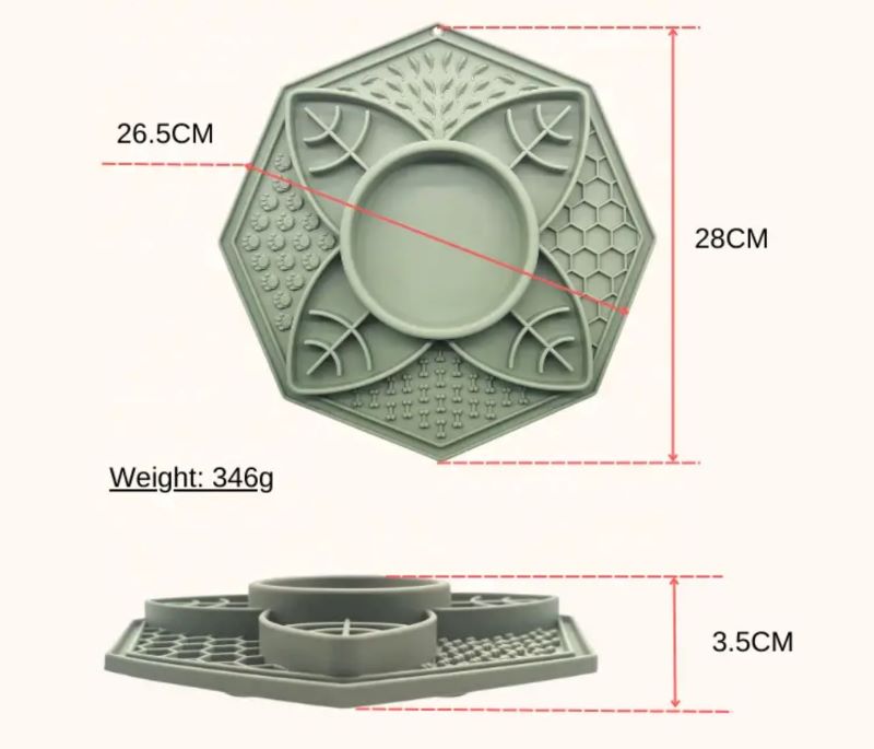 Lotus dog slow feeder dimensions showing 28cm width 26.5cm depth and 3.5cm height weighing 346g
