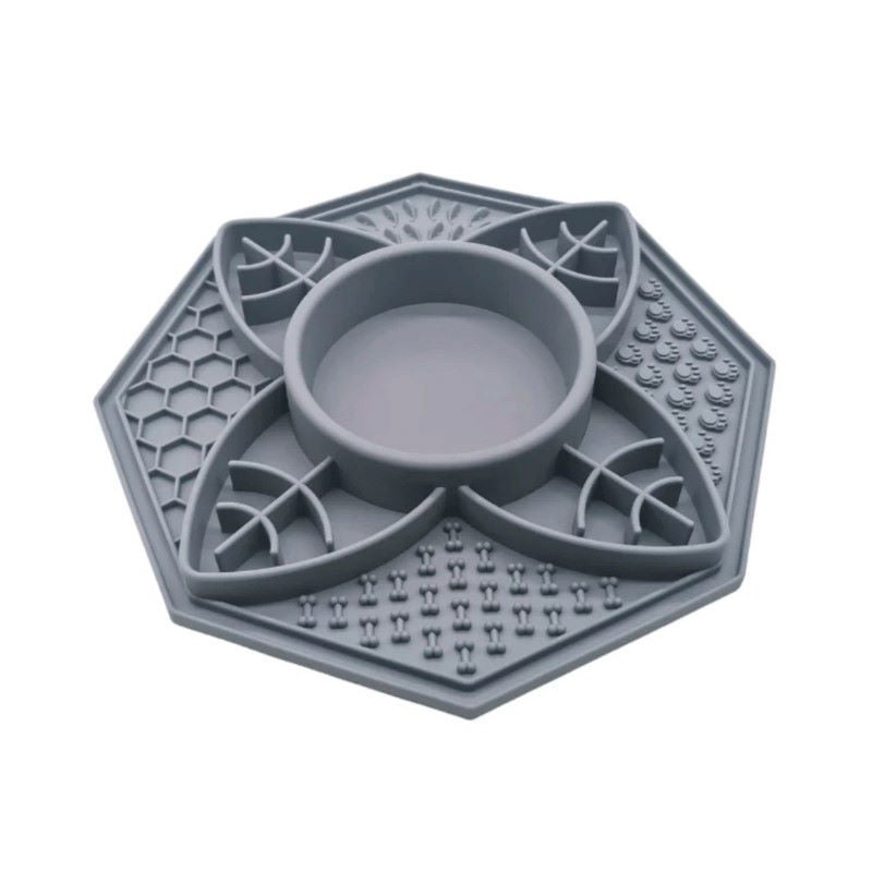 Salty Paws Lotus Slow Feeder in steel grey with lick mat and raised bowl sections