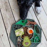 Dog using Lotus Slow Feeder in sage loaded with kibble and enrichment treats