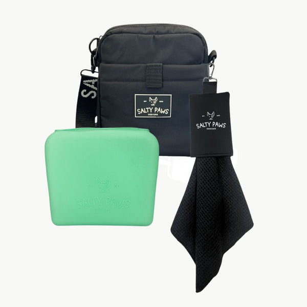 Salty Paws Original Mess-Free Training Setup with dog training pouch, mint silicone treat pouch and slobber towel