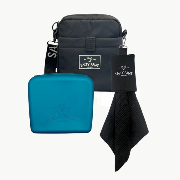 Salty Paws Original Mess-Free Training Setup with dog training pouch, teal silicone treat pouch and slobber towel