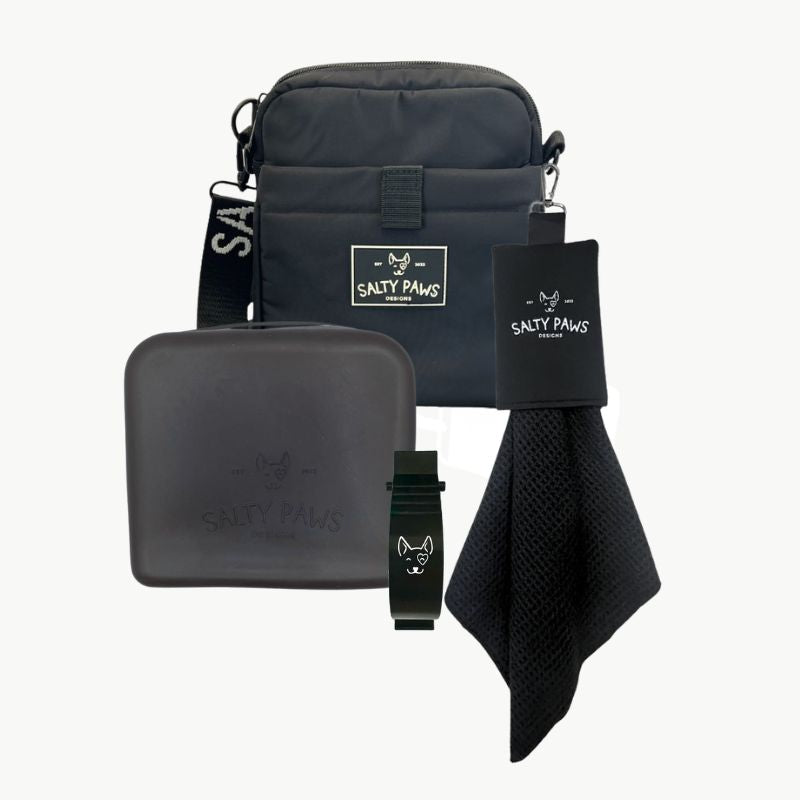 Salty Paws Original Ultimate Training Setup with black silicone treat pouch, slobber towel and belt clip