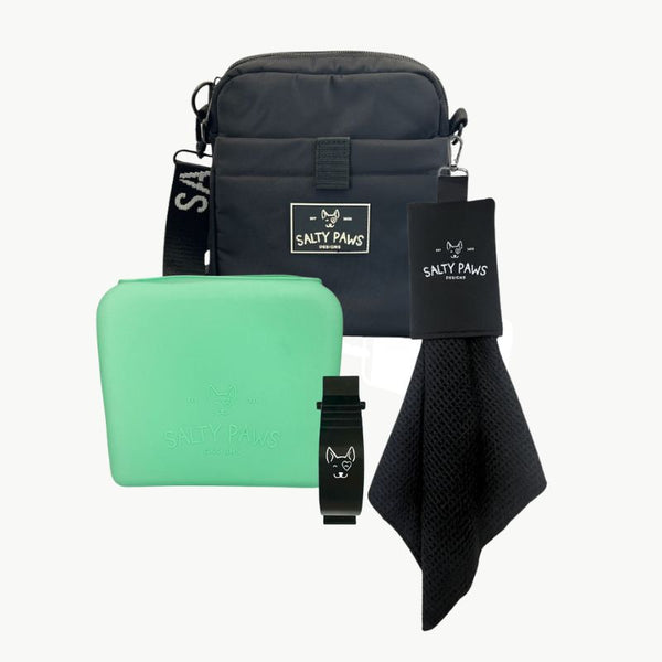 Salty Paws Original Ultimate Training Setup with mint silicone treat pouch, slobber towel and belt clip