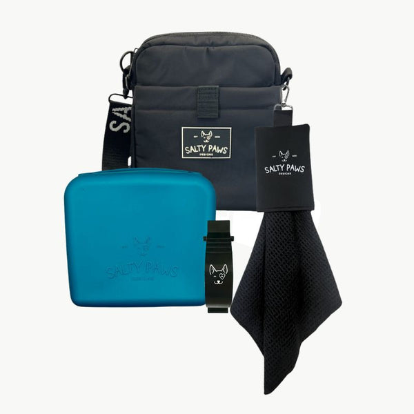 Salty Paws Original Ultimate Training Setup with teal silicone treat pouch, slobber towel and belt clip