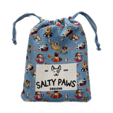Salty Paws Designs Pool Party compact dog towel in blue packed into its matching drawstring carry bag