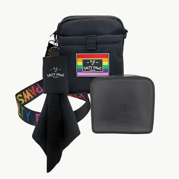 Salty Paws Pride Mess-Free Training Setup with dog training pouch, black silicone treat pouch and slobber towel