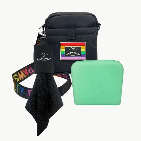 Salty Paws Pride Mess-Free Training Setup with dog training pouch, mint silicone treat pouch and slobber towel