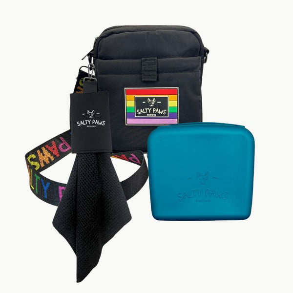 Salty Paws Pride Mess-Free Training Setup with dog training pouch, teal silicone treat pouch and slobber towel