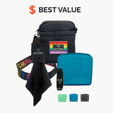 Pet product set with black bag, colorful collar, towel, and blue pouch on a white background.