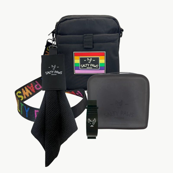 Salty Paws Pride Ultimate Training Setup with black silicone treat pouch, slobber towel and belt clip
