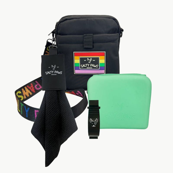 Salty Paws Pride Ultimate Training Setup with mint silicone treat pouch, slobber towel and belt clip