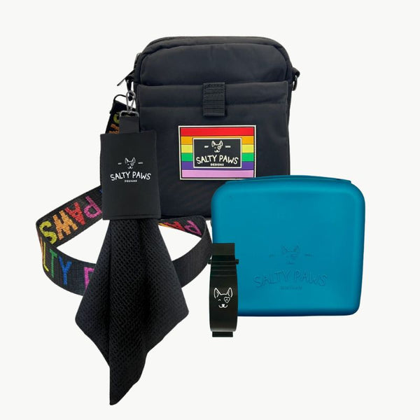 Salty Paws Pride Ultimate Training Setup with teal silicone treat pouch, slobber towel and belt clip