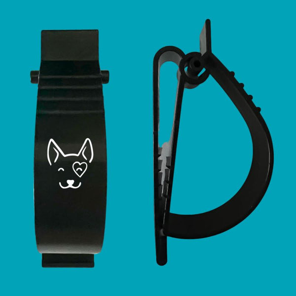 Salty Paws belt accessory clip, front and side view, black with dog logo detail, for attaching dog toys and leads