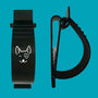 Salty Paws belt accessory clip, front and side view, black with dog logo detail, for attaching dog toys and leads