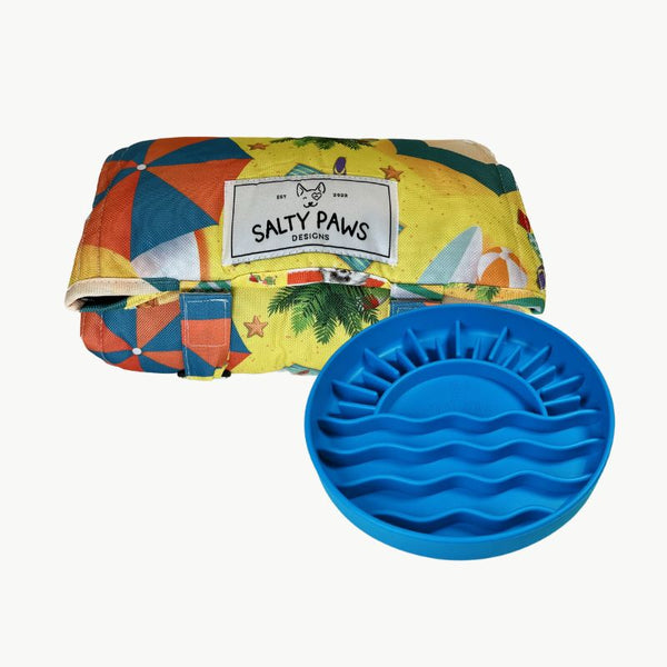Salty Paws Designs Calm and Settle Bundle - Life's a Beach Edition with blue sunset slow feeder bowl and Life's a Beach settle mat