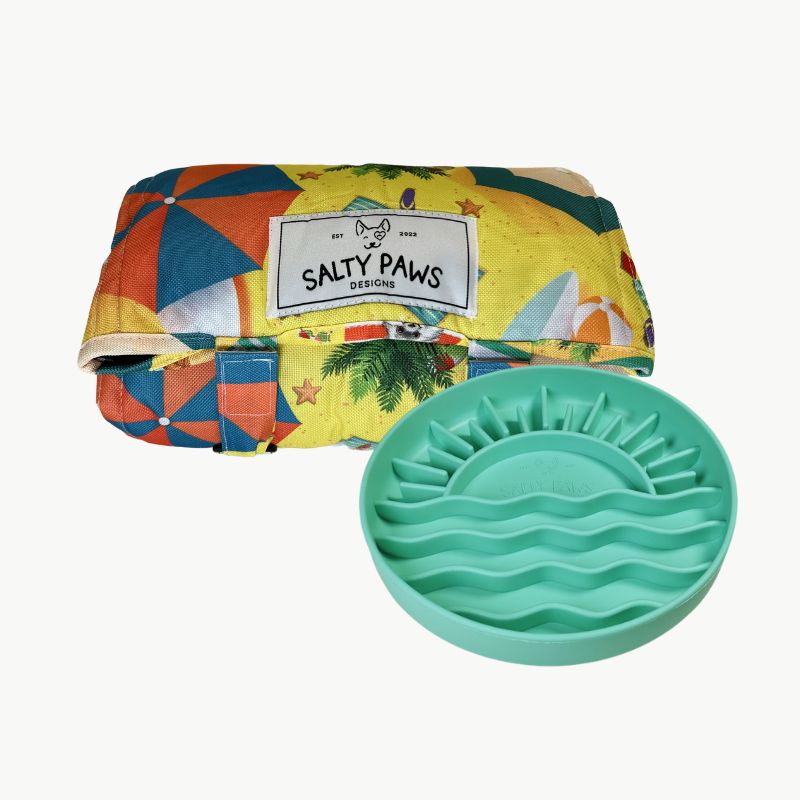 Salty Paws Designs Calm and Settle Bundle - Life's a Beach Edition with green sunset slow feeder bowl and Life's a Beach settle mat