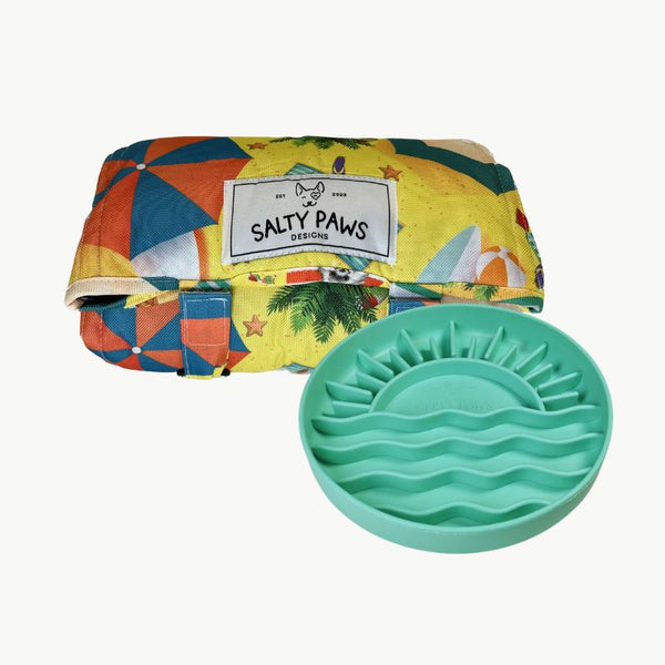 Salty Paws Designs Calm and Settle Bundle - Life's a Beach Edition with green sunset slow feeder bowl and Life's a Beach settle mat