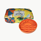 Salty Paws Designs Calm and Settle Bundle - Life's a Beach Edition with orange sunset slow feeder bowl and Life's a Beach settle mat