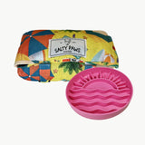 Salty Paws Designs Calm and Settle Bundle - Life's a Beach Edition with pink sunset slow feeder bowl and Life's a Beach settle mat