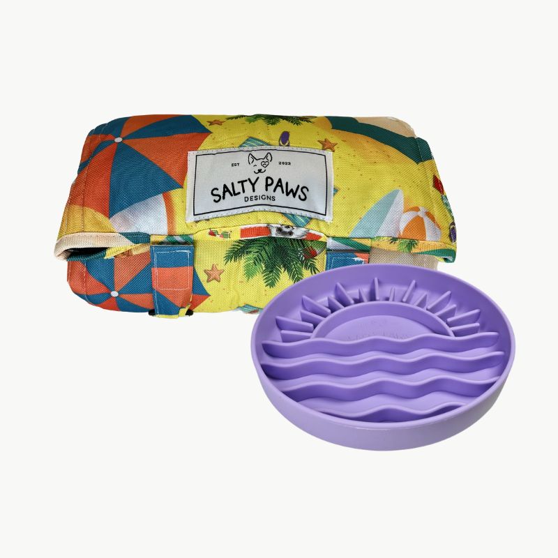 Salty Paws Designs Calm and Settle Bundle - Life's a Beach Edition with purple sunset slow feeder bowl and Life's a Beach settle mat