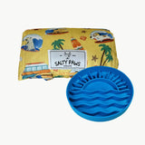Salty Paws Designs Calm and Settle Bundle - Surf's Up Edition with blue sunset slow feeder bowl and Surf's Up settle mat