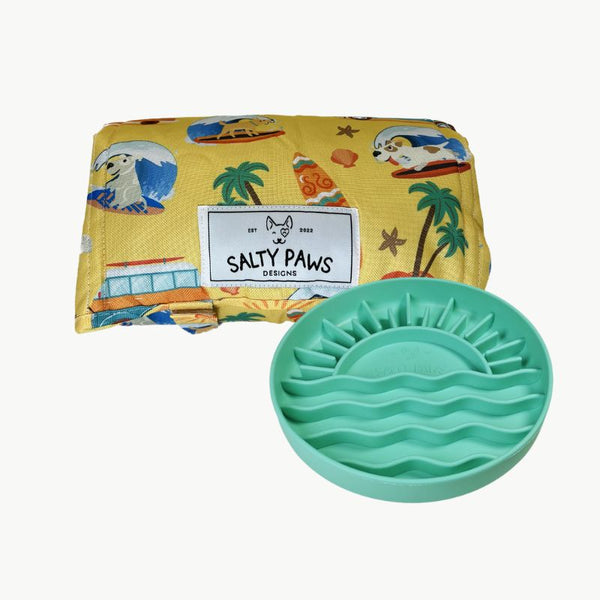 Salty Paws Designs Calm and Settle Bundle - Surf's Up Edition with green sunset slow feeder bowl and Surf's Up settle mat