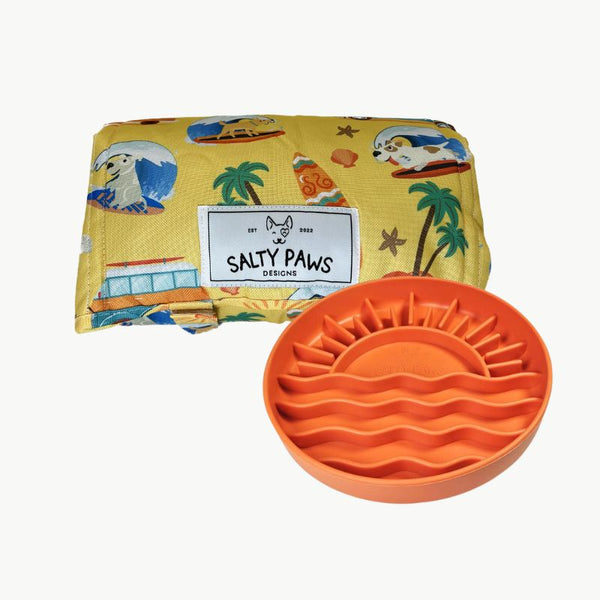 Salty Paws Designs Calm and Settle Bundle - Surf's Up Edition with orange sunset slow feeder bowl and Surf's Up settle mat