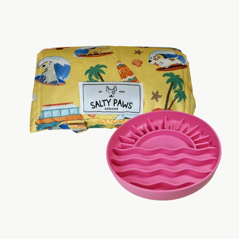 Salty Paws Designs Calm and Settle Bundle - Surf's Up Edition with pink sunset slow feeder bowl and Surf's Up settle mat