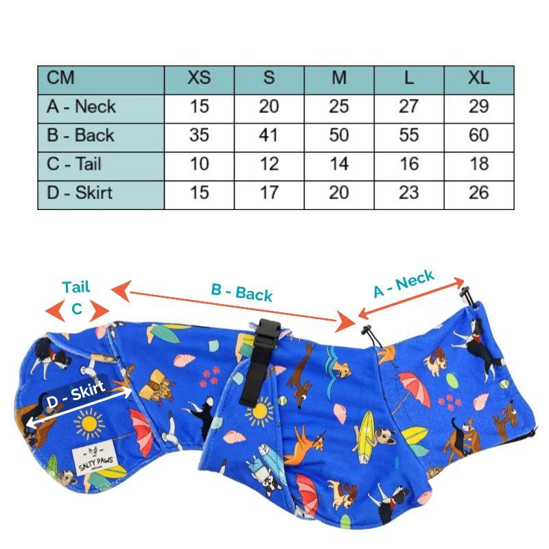 Salty Paws Dog Drying Coat size chart and measurement diagram showing neck back tail and skirt in cm from XS to XL
